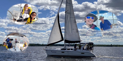 Happy people overlaid on picture of a sailboat sailing