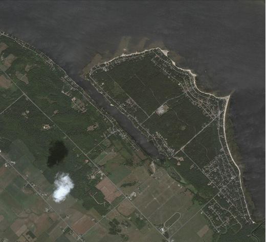 An aerial image of Buckham's Bay