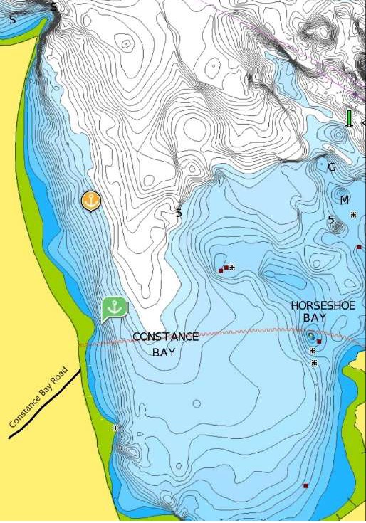 A marine chart of Constance Bay showing an underwater cable