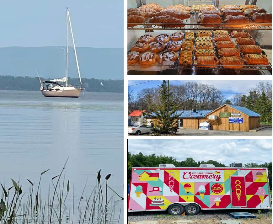 Four images, 1) an Ontario 32' sailboat anchored at Constance Bay, 2) croissants and baked goods, 3) the local general store and liquor store 4) an ice cream shop trailer