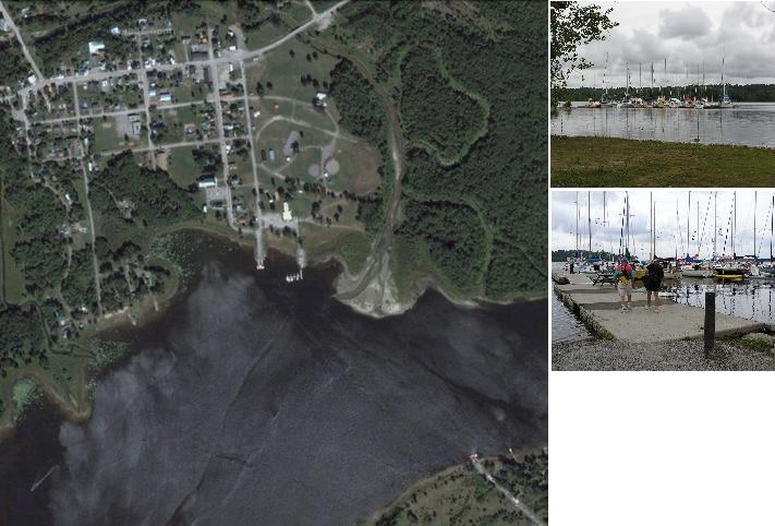 An aerial image of Quyon and images of the docks with sailboats