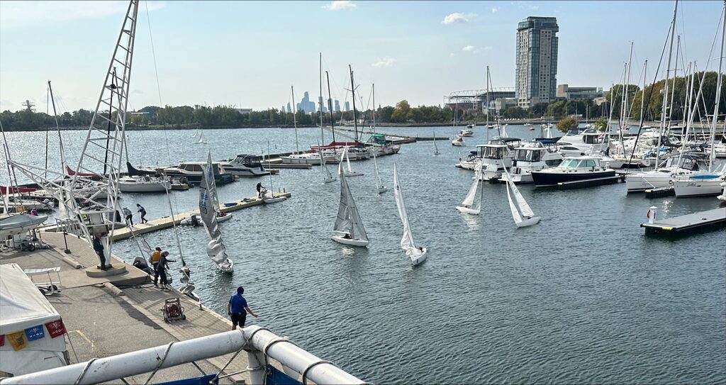 2.4mRs in harbour at the 2023 Canadian 2.4mR Championship with Toronto in the background