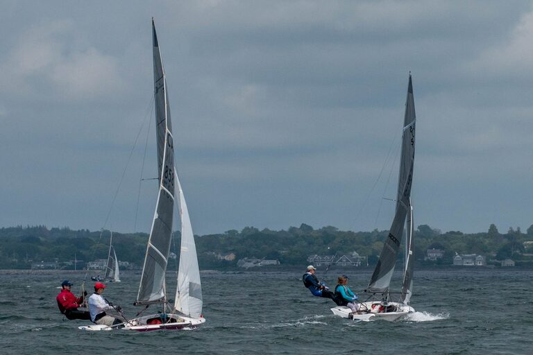 505 sailboats at East Coast Championship 2023 in Rhode Island have enough wind to activate trapezes