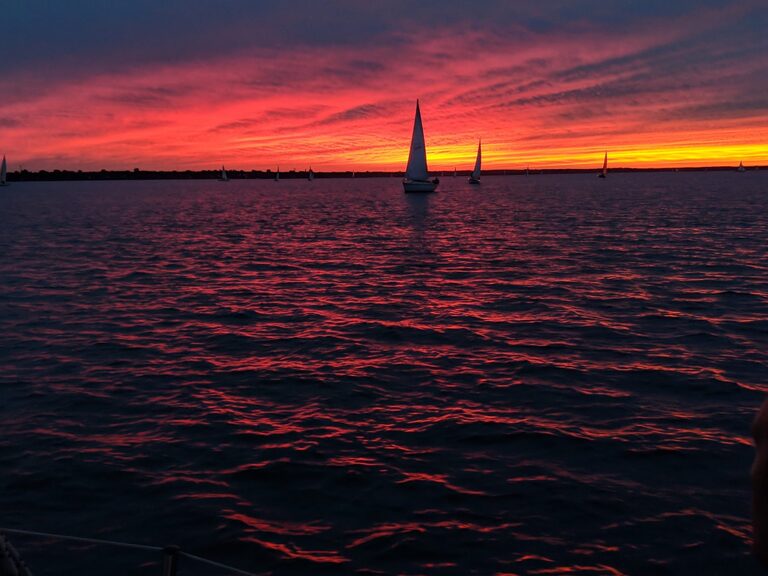 Silhouettes of sailboats in the sunset