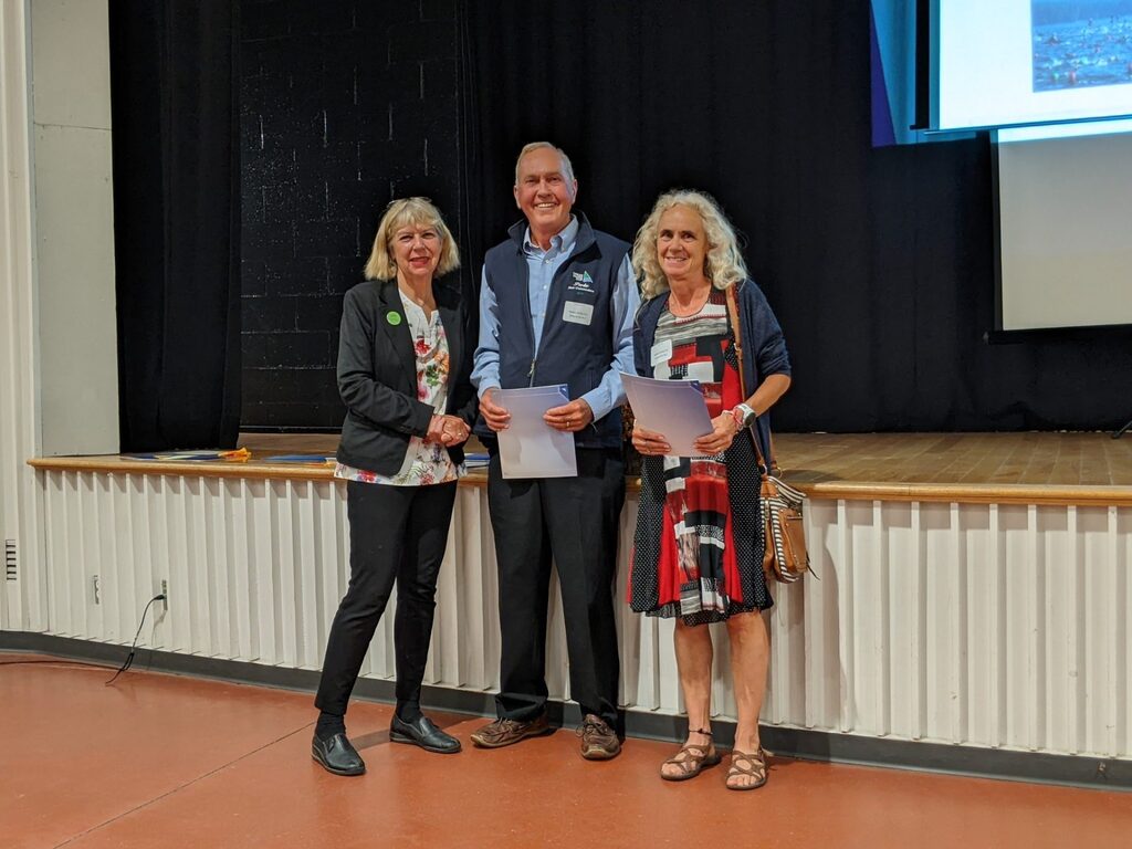 City Counsellor Theresa Kavanagh poses with Parke Davis of NSC and Judy Piel, organizers of the Bushtukah Open Water Charity Swim in support of Easter Seals. 