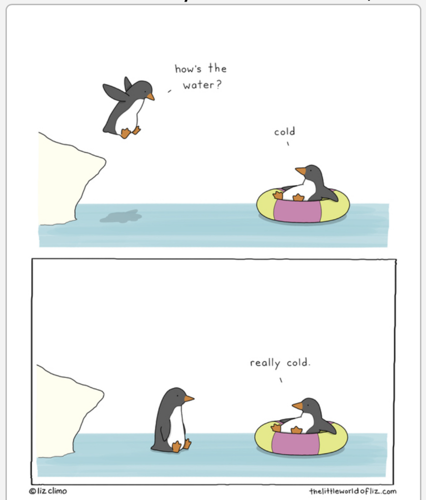 Cartoon with Penguins jumping on to ice