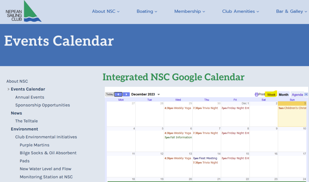 Screenshot of NSC integrated Google calendar